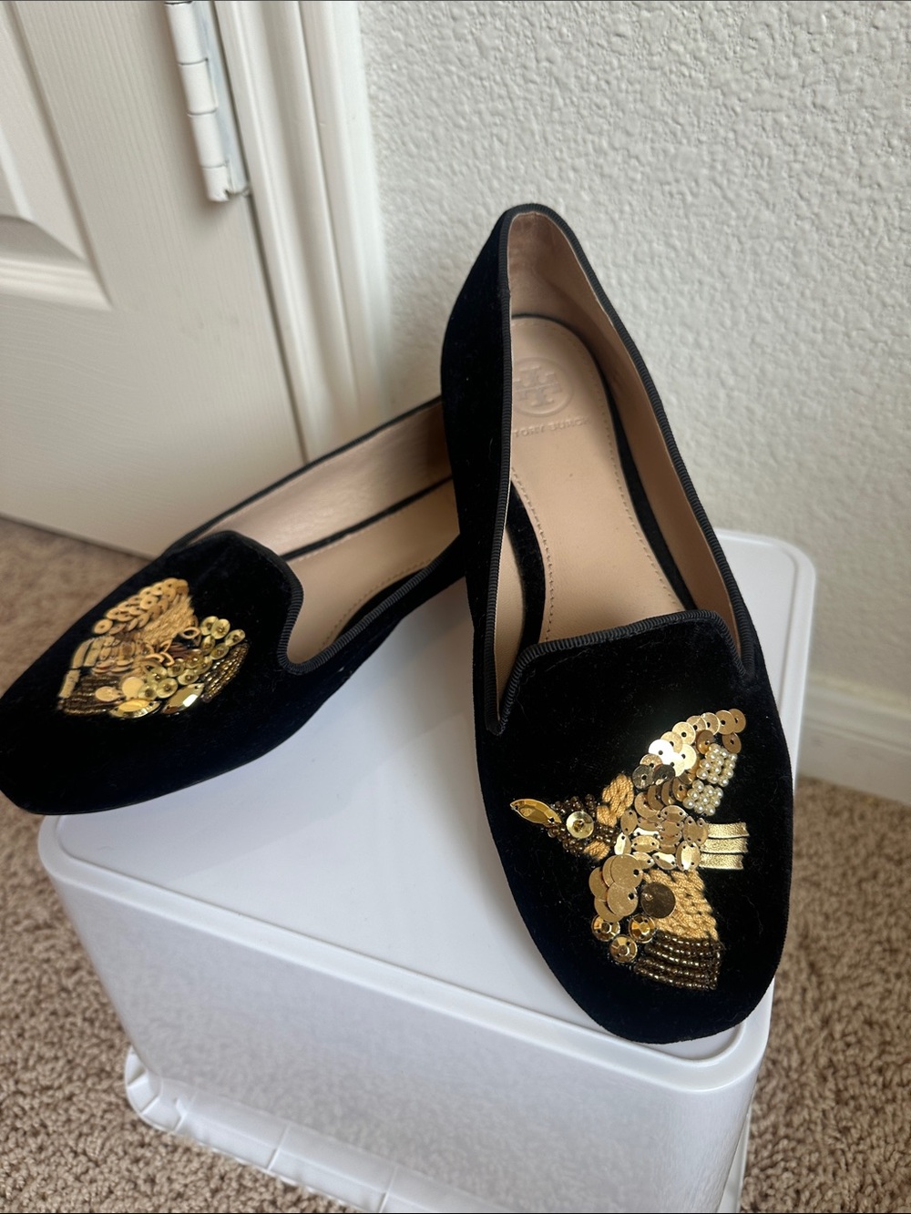 Tory Burch Black Velvet Loafers with Gold Sequin Embellishment